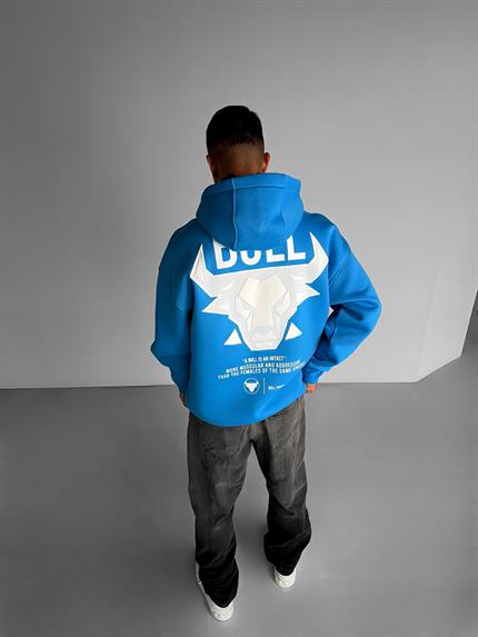 Erkek Oversize Bull Baskılı Hoodie Mavi