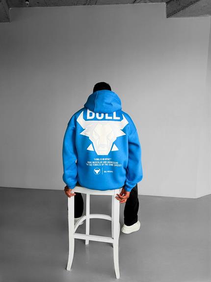 Erkek Oversize Bull Baskılı Hoodie Mavi