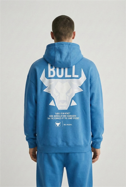 Erkek Oversize Bull Baskılı Hoodie Mavi