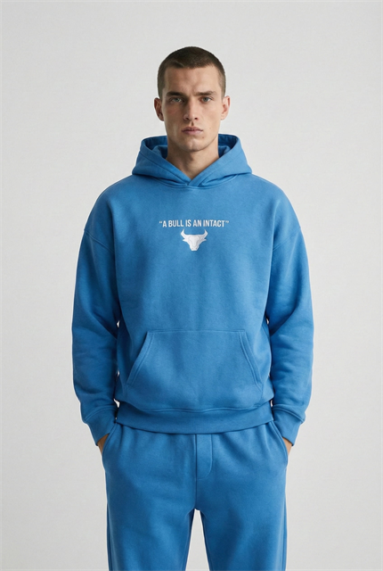 Erkek Oversize Bull Baskılı Hoodie Mavi