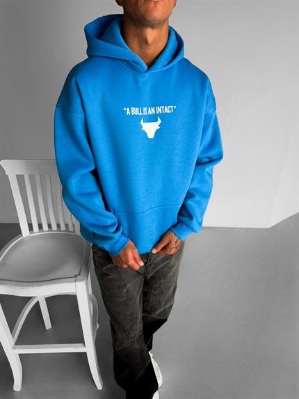 Erkek Oversize Bull Baskılı Hoodie Mavi