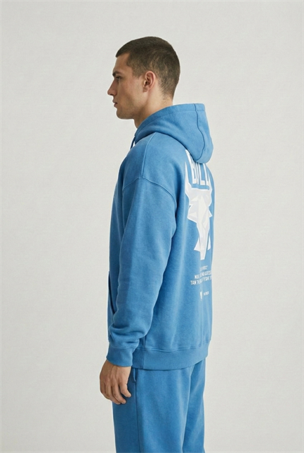 Erkek Oversize Bull Baskılı Hoodie Mavi