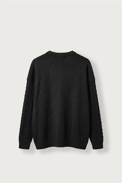 Erkek Oversize Burgu Örgü Bisiklet Yaka Triko Kazak Siyah