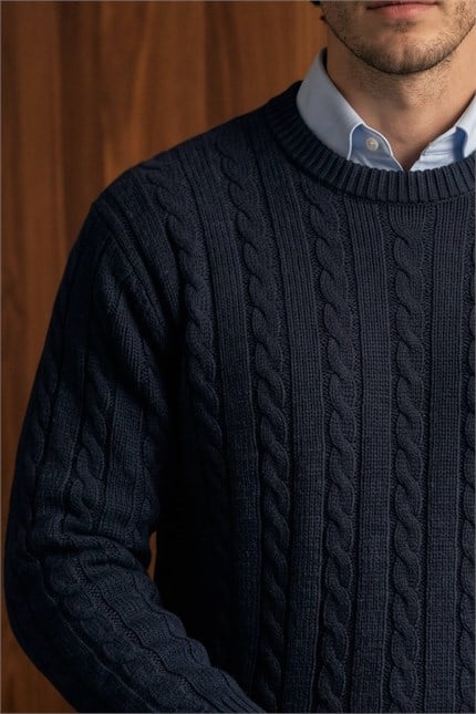 Erkek Oversize Burgu Örgü Bisiklet Yaka Triko Kazak Lacivert