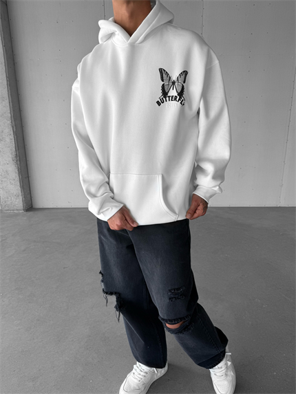Unisex Oversize Kelebek Baskılı Kalın Kapüşonlu Sweatshirt Beyaz