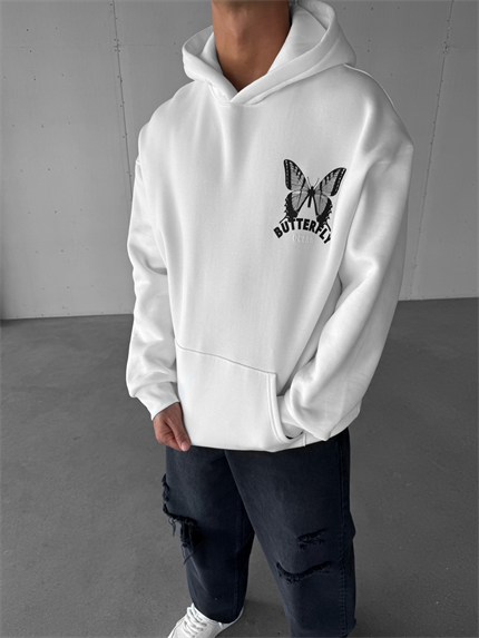 Unisex Oversize Kelebek Baskılı Kalın Kapüşonlu Sweatshirt Beyaz