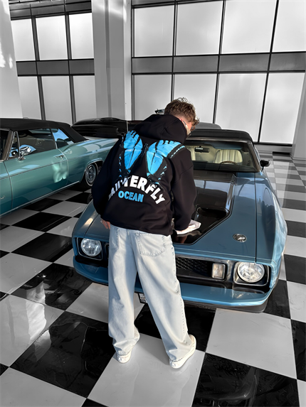 Erkek Oversize Butterfly Baskılı Kapüşonlu Hoodie Siyah