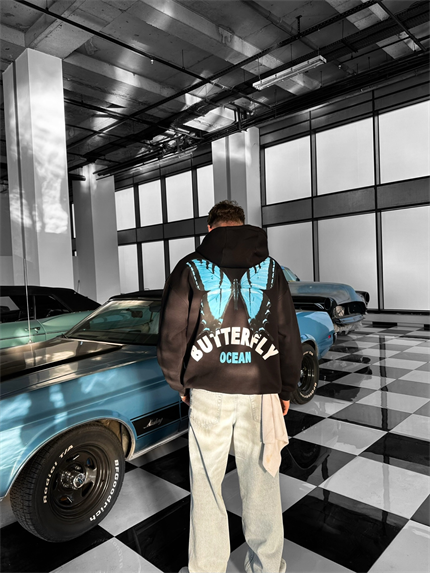 Erkek Oversize Butterfly Baskılı Kapüşonlu Hoodie Siyah