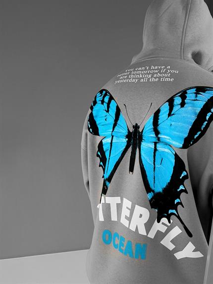 Erkek Oversize Butterfly Baskılı Kapüşonlu Hoodie Gri