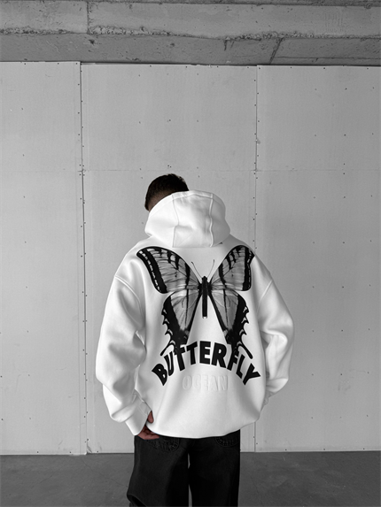 Unisex Oversize Kelebek Baskılı Kalın Kapüşonlu Sweatshirt Beyaz