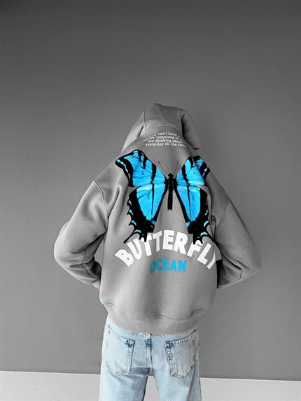 Erkek Oversize Butterfly Baskılı Kapüşonlu Hoodie Gri