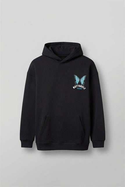 Unisex Oversize Kelebek Baskılı Kalın Kapüşonlu Sweatshirt Siyah