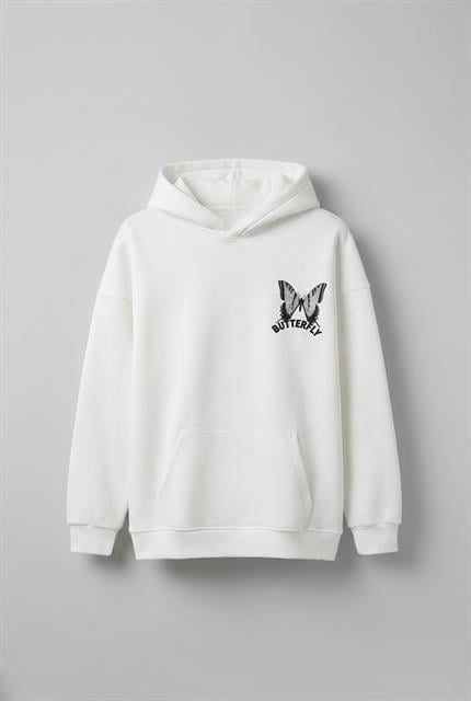 Unisex Oversize Kelebek Baskılı Kalın Kapüşonlu Sweatshirt Beyaz