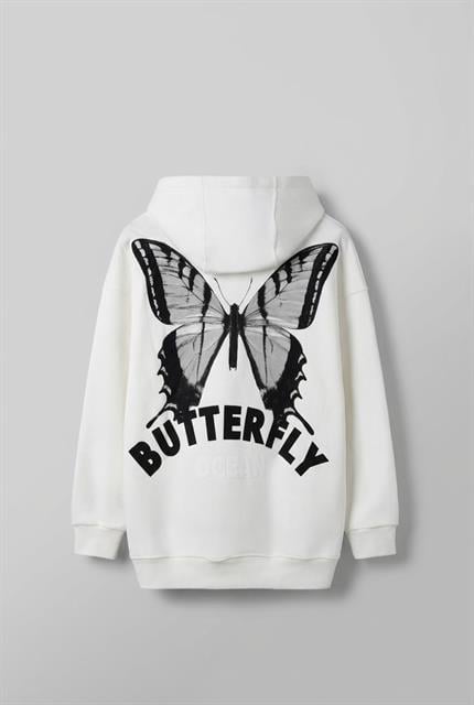 Unisex Oversize Kelebek Baskılı Kalın Kapüşonlu Sweatshirt Beyaz