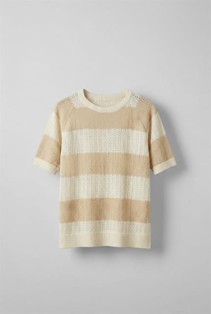 Erkek Oversize Çizgi Desenli Örme Triko T-Shirt Bej