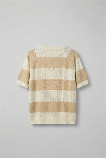 Erkek Oversize Çizgi Desenli Örme Triko T-Shirt Bej