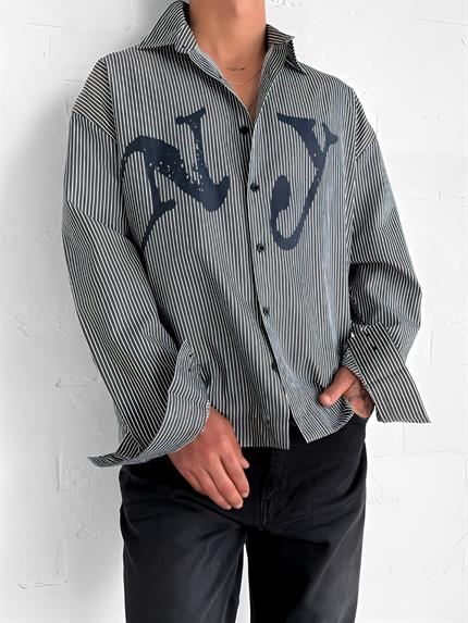 Erkek Oversize Çizgili Baskılı Gömlek Koyu Gri