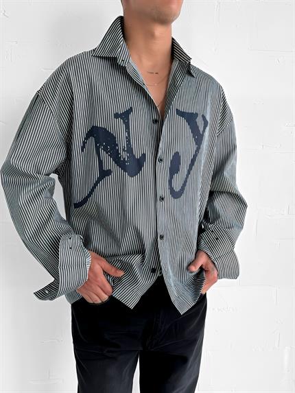 Erkek Oversize Çizgili Baskılı Gömlek Koyu Gri