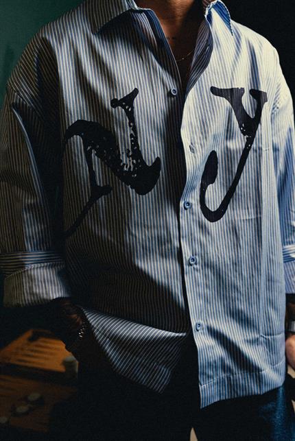 Erkek Oversize Çizgili Baskılı Gömlek Mavi