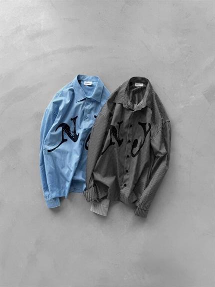 Erkek Oversize Çizgili Baskılı Gömlek Koyu Gri