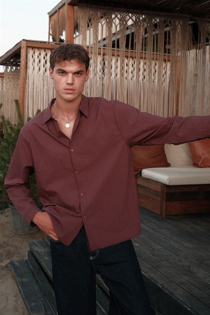 Erkek Oversize Çizgili Boxy Fit Uzun Kollu Gömlek Bordo