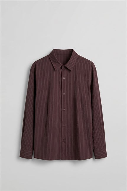 Erkek Oversize Çizgili Boxy Fit Uzun Kollu Gömlek Bordo