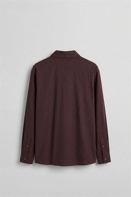 Erkek Oversize Çizgili Boxy Fit Uzun Kollu Gömlek Bordo