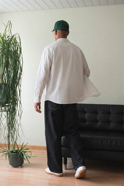Erkek Oversize Çizgili Keten Karışımlı Uzun Kollu Gömlek Beyaz
