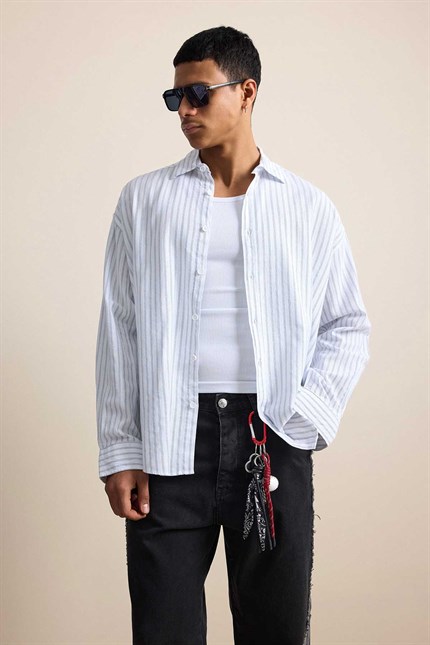 Erkek Oversize Çizgili Keten Karışımlı Gömlek Beyaz