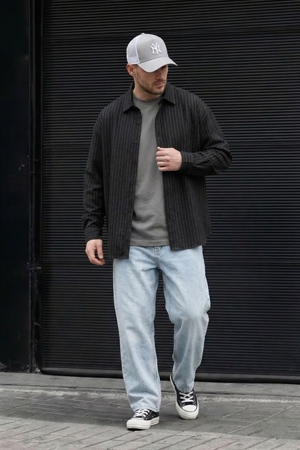 Erkek Oversize Çizgili Keten Karışımlı Gömlek Siyah