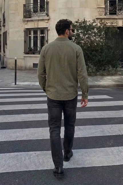 Erkek Oversize Çizgili Keten Karışımlı Gömlek Haki