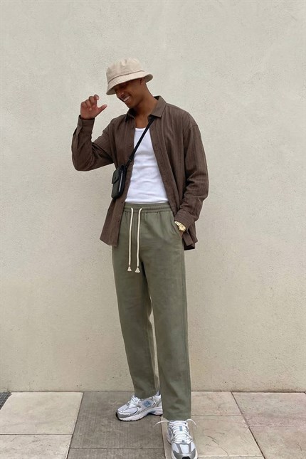 Erkek Oversize Çizgili Keten Karışımlı Gömlek Kahverengi