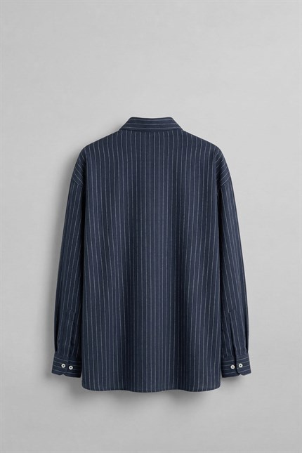 Erkek Oversize Çizgili Keten Karışımlı Uzun Kollu Gömlek Lacivert