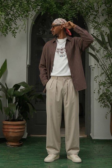 Erkek Oversize Çizgili Keten Karışımlı Uzun Kollu Gömlek Kahverengi