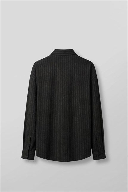 Erkek Oversize Çizgili Keten Karışımlı Gömlek Siyah