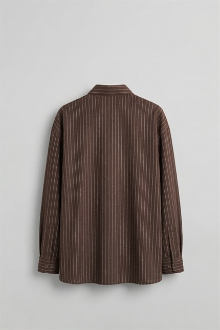 Erkek Oversize Çizgili Keten Karışımlı Uzun Kollu Gömlek Kahverengi