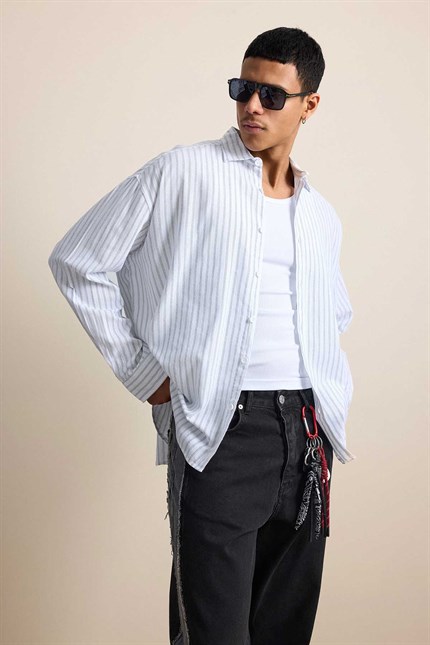 Erkek Oversize Çizgili Keten Karışımlı Gömlek Beyaz
