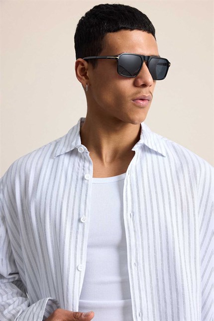 Erkek Oversize Çizgili Keten Karışımlı Gömlek Beyaz