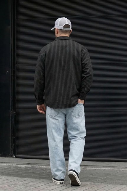 Erkek Oversize Çizgili Keten Karışımlı Gömlek Siyah