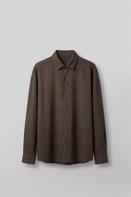 Erkek Oversize Çizgili Keten Karışımlı Gömlek Kahverengi