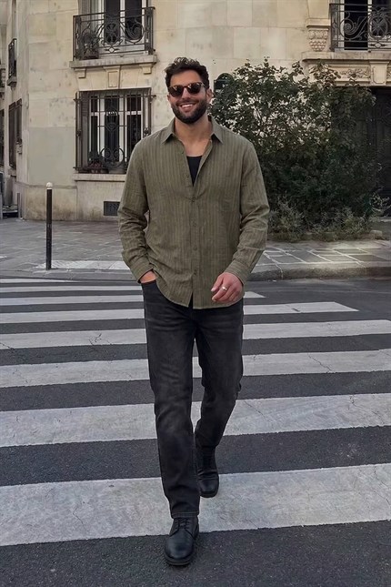 Erkek Oversize Çizgili Keten Karışımlı Gömlek Haki