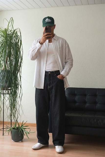 Erkek Oversize Çizgili Keten Karışımlı Uzun Kollu Gömlek Beyaz