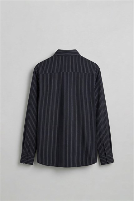 Erkek Oversize Çizgili Modal Karışımlı Uzun Kollu Gömlek Siyah