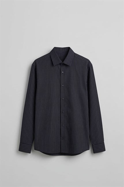 Erkek Oversize Çizgili Modal Karışımlı Uzun Kollu Gömlek Siyah