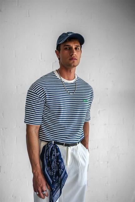 Erkek Oversize Çizgili Rahat T-Shirt Mavi