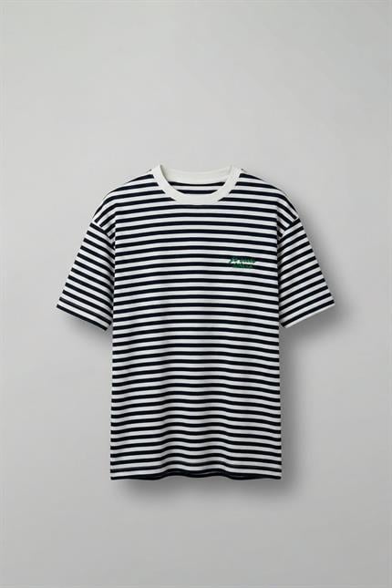 Erkek Oversize Çizgili Rahat T-Shirt Mavi