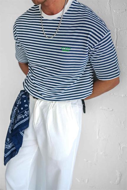Erkek Oversize Çizgili Rahat T-Shirt Mavi