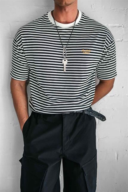 Erkek Oversize Çizgili Rahat T-Shirt Siyah