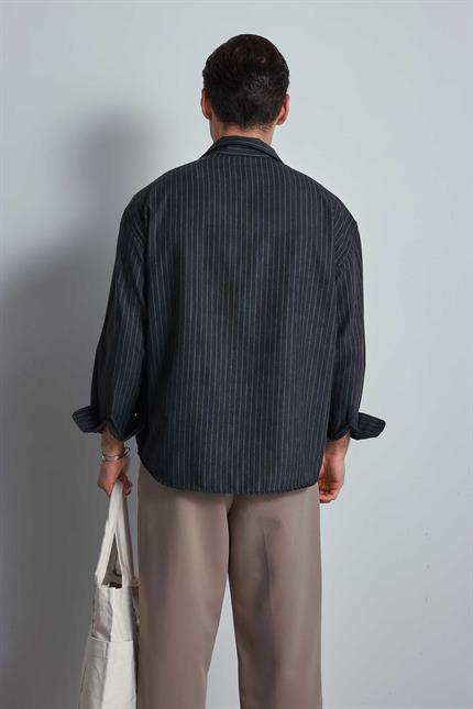 Erkek Oversize Çizgili Uzun Kollu Gömlek Siyah