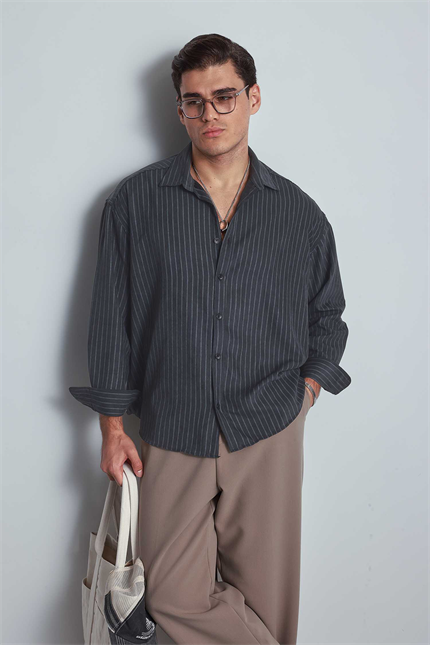 Erkek Oversize Çizgili Uzun Kollu Gömlek Antrasit